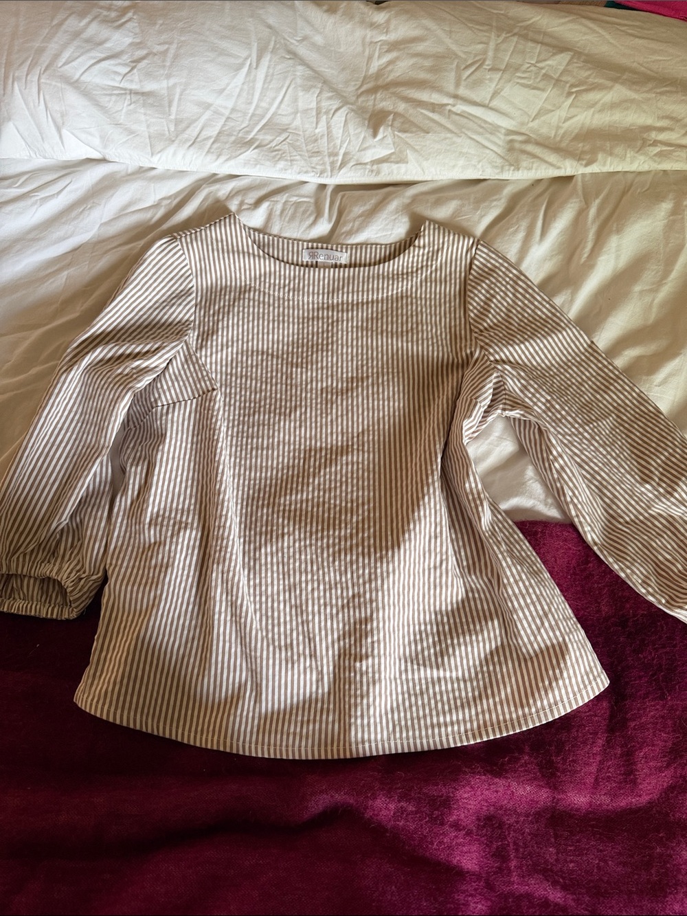 🔸BOGO FREE 🔸 Renuar Beige and White Striped seersucker Long-Sleeve Top